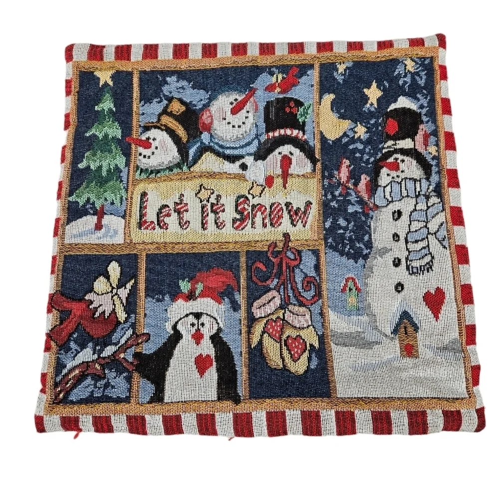 Christmas Tapestry Throw Pillow Cover Penguins & Snowmen 17